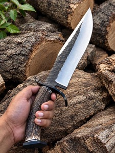 Couteau de chasse artisanal, lame à pointe tombante, acier à haute teneur en carbone, manche en bois avec étui en cuir - Product Image 6