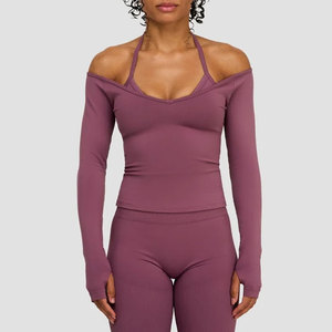 210 Gsm Custom Lightweight Off Shoulder Ribbed Material Women's Athletic Activewear Yoga <b>Long</b> Sleeve Thumb Hole Shirt - Product Image 1
