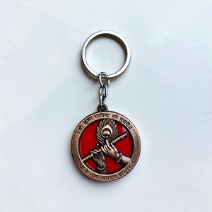 Antique Brass Lord Krishna Keychain with Flute and Peacock Feather Hindu Religious <b>Key</b> Ring Spiritual Indian God Gift Decorative - Product Image 3