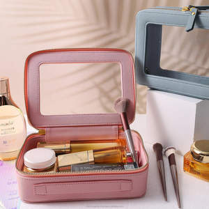 Pochette de maquillage portable en cuir PU rose souple imperméable et personnalisée pour maquillage et trousse de maquillage de voyage, vente en gros - Product Image 6