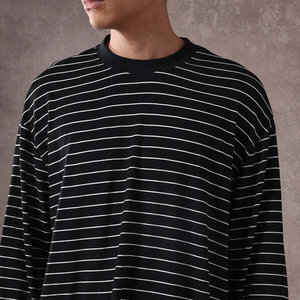 Men's Black Striped O-Neck Long Sleeve Knitted T-Shirt Casual Style Plain Cotton Boxy Fit <b>Stripped</b> T Shirts - Product Image 3