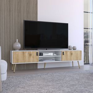 Toka ขาตั้งทีวีสีขาว/แมคคาเดเมียพร้อมประตูบานพับ2บานและชั้นวางกลาง - Product Image 1