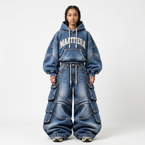 <b>Womens</b> Blue Washed Denim Hoodie And <b>Baggy</b> Cargo <b>Jeans</b> Set Oversized Drawstring Sweatshirt Multi Pocket Streetwear Custom OEM - Product Image 1