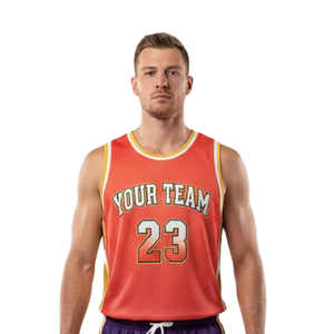 Ensemble d'uniformes de basketball personnalisés pour hommes, orange et violet, maillot sans manches à col rond, short, bordure dorée, numéros d'équipe, kit sportif en gros - Product Image 3