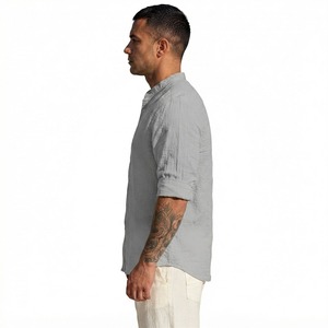 Camisa de Lino Blanca con Cuello Mandarín para Hombre, Estilo Casual, Transpirable, de Color Sólido, Manga Corta, con Botones - Product Image 1