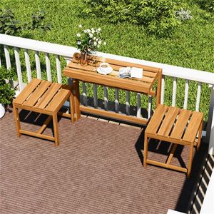 3 in 1 Convertible Acacia Wood Patio Furniture Set Natural Loveseat with Table and Chairs Including Plant Rack Modes - Product Image 4