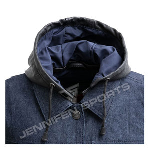 Veste de moto d'hiver coupe-vent pour femme en denim et cuir, avec capuche, fermeture à boutons, coupe ajustée, grandes tailles, poches poitrine. - Product Image 2