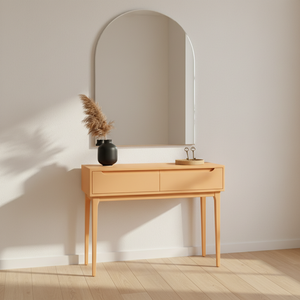 Mesa Consola Redonda Moderna de Roble Macizo con 2 Cajones, Mueble Ecológico para Sala de Estar en Espacios Modernos - Product Image 2