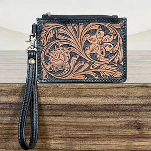 Vintage Hand Tooled Genuine Leather Slim <b>Card</b> <b>Holder</b> Wallet Western Rustic Floral Design Zipper Wristlet Coin Pouch for Women - Product Image 2