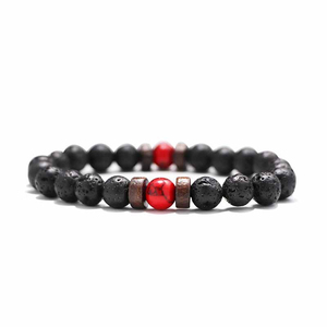 Vintage Natural Stone Bead Bracelet with Wooden Spacers, Lava Rock Elastic Bracelet for Men, Everyday Wear - Product Image 4