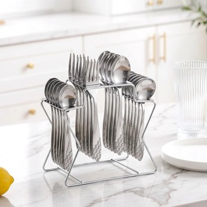Juego de cubiertos de acero inoxidable con soporte, cubiertos plateados con acabado espejo, tenedores, cucharas y cuchillos para cocina moderna, perfecto para la mesa de comedor. - Product Image 1