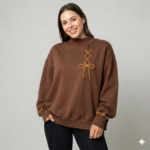Women's Yellow Oversized Mock Neck Lace Up Bow Sweatshirt <b>Drop</b> Shoulder Long Sleeve Casual Fleece Pullover Loose Fit - Product Image 3