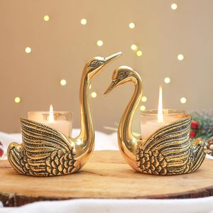 Juego de Portavelas de Cisne Dorado, Hecho a Mano, de Aluminio, con Acabado Antiguo, para Decoración de Bodas y Navidad - Product Image 3