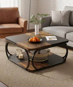 Minimalist Furniture Century Style <b>Walnut</b> Coffee <b>Table</b> Black Metal Frame Modern Living Room Center <b>Table</b> Rectangular Wood Top - Product Image 1
