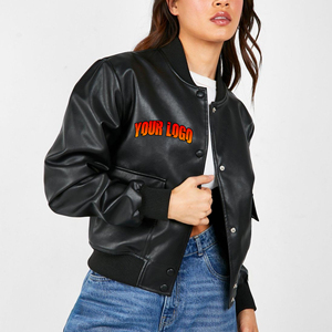 Chaqueta de Cuero Sintético Negra Personalizada para Mujer, Estilo Holgado, Casual, Urbana, Tipo Bomber, con Cierre y Manga Larga - Product Image 4