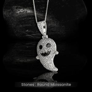 High Shine Ghost Inspired Pendant <b>Necklace</b> Featuring Moissanite Diamonds In <b>Solid</b> 925 <b>Silver</b> Hip Hop Jewelry - Product Image 1