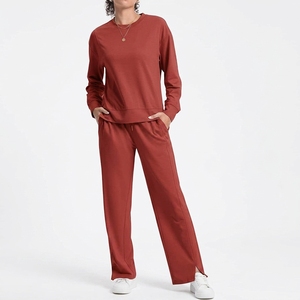 Women's Casual Summer Loose Fit Long Sleeve V-Neck Solid Two-Piece Cotton Polyester <b>Knitting</b> <b>Set</b> XL XXL Sizes - Product Image 4