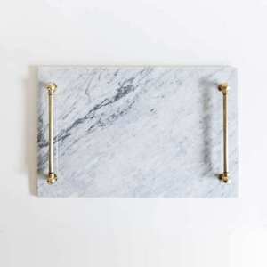 Round White Marble <b>Tray</b> with Gold Handles Elegant Decorative Platter Luxury Marble <b>Tray</b> for <b>Kitchen</b> Dining Home Decor - Product Image 3