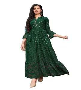 Indigo Abbottonatura Stampato Pieno Anarkali Signore Punjabi Kurta Design Con Ricamo Abbigliamento Etnico