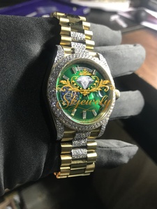 Montre à cadran vert avec diamants, bracelet bicolore, montre-bracelet avec lunette en strass, style mécanique tendance - Product Image 5