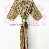 Robe kimono imprimée tigre rose avec bordure rayée, coupe ample, longueur intégrale, vêtements de détente pour femmes, saison printemps, 100% coton