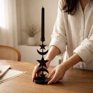 Portavelas de metal negro con forma de estrella y luna, perfecto para decoración festiva y de temporada del hogar, venta al por mayor desde India. - Product Image 4