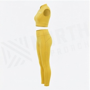 Ensemble de yoga 2 pièces North Approach jaune : Crop top sans manches et leggings taille haute longueur intégrale, sans couture, avec fermeture éclair frontale, couleur unie - Product Image 3