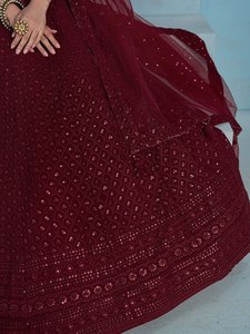 Conjunto de Lehenga Maxi de Satén con Encaje Borgoña, Corte en A, Sin Mangas, Bordado, Vestido de Noche de Dos Piezas con Dupatta de Tela de Red, para Banquetes y Bodas - Product Image 5