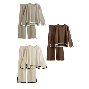 Ensembles décontractés en coton pour femmes : hauts tricotés à manches courtes et pantalons plissés à jambes larges – Tenues deux pièces élégantes - Product Image 3
