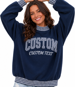 Sudadera de cuello alto para mujer al por mayor, personalizada, con apliques de letras, a cuadros, con bloques de color, estilo oversize vintage - Product Image 4