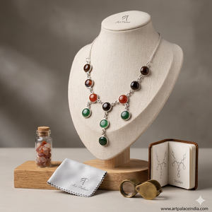 Art Palace 925 Silver <b>Statement</b> <b>Necklace</b> With Green And Red Onyx Stones Bezel Set Ethnic Design For Everyday Wear - Product Image 4