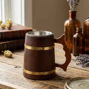 แก้วไม้ทำมือทรงกระบอก 600 มล. แก้วเบียร์สแตนเลส ของขวัญเพื่อนเจ้าบ่าว สไตล์ไวกิ้ง ของขวัญเพื่อนเจ้าบ่าวคนสำคัญ แก้วน้ำดื่ม - Product Image 1