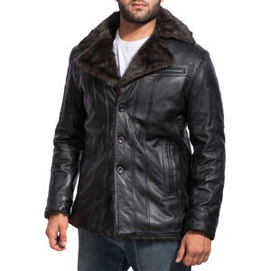 Abrigo de invierno de cuero negro para hombre con cuello de piel, cierre de botones, corte ajustado, chaqueta de cuero genuino premium, chaqueta impermeable. - Product Image 4