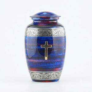 Modern Metal Cremation Urn Blue <b>Red</b> Glaze Cross Design Handmade Traditional Sympathy Keepsake <b>Vase</b> for Adult Ashes cremation - Product Image 1