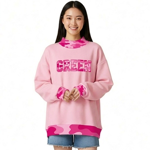 Sudadera Moderna para Mujer, Diseño Nuevo, Azul, Hombros Caídos, Manga Larga, Detalles de Camuflaje, Estampado de Letras Alaska, Cuello Alto Simulado, Talla Grande - Product Image 1