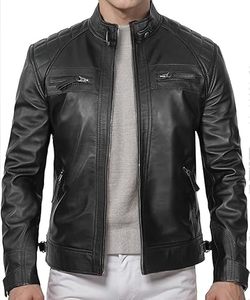 <b>Men's</b> <b>Black</b> PU Leather Moto <b>Jacket</b> Stand Collar Zipper Closure Slim Fit Regular Length Solid Color Biker Style Autumn Wear - Product Image 1