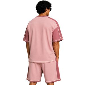Pink Mens Oversized T Shirt And Shorts <b>Set</b> Dusty Rose Contrast Panels Customized Logo Crew Neck Casual Streetwear Wholesale - Product Image 2
