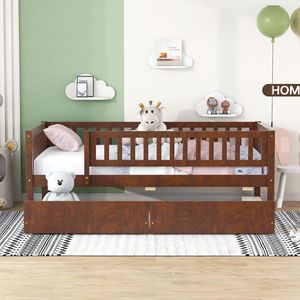 Letto singolo in noce con due cassetti, letto in legno per bambini - Product Image 2