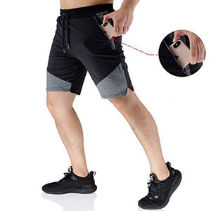 Shorts de sport pour homme, noir et gris, avec poches zippées, taille à cordon de serrage, tissu tricoté à séchage rapide - Product Image 6