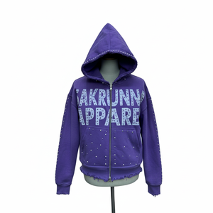 Sweat à capuche surdimensionné en molleton French Terry avec strass pour homme, logo imprimé intégral effet vieilli, fabrication sur mesure en gros - Product Image 1