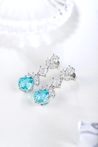 Luxury Women's 925 <b>Silver</b> <b>Stud</b> Earrings With Blue Zircon Cushion Cut Diamond Flower Design Claw Setting Wedding Jewelry - Product Image 4