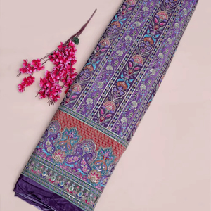 Tissu imprimé à rayures florales violettes royales avec bordure décorative pour la confection de robes Kurti, tissu pour vêtements ethniques. - Product Image 1
