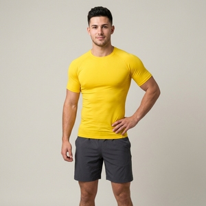Men's Yellow Quick Dry Slim Fit Short Sleeve O-Neck <b>T</b>-<b>Shirt</b> Casual Sport Top Knitted <b>Polyester</b> Material - Product Image 1