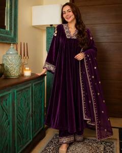 Designer Zari Embroidery Work <b>Velvet</b> <b>Top</b> With Bottom And Dupatta Fully Stitched Ready To Wear Set - Product Image 1