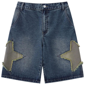 Shorts de Mezclilla Desgastados de Cintura Alta para Hombre con Apliques de Estrellas, Estilo Casual de Verano - Product Image 1