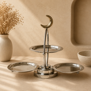 Support de service à trois bols en acier inoxydable de qualité supérieure avec finition en forme de croissant pour une présentation élégante des aliments du Ramadan et de l'Aïd - Product Image 1