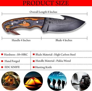 Cuchillo de hoja fija hecho a mano de grado industrial con mango de madera, punta de gota, acero al carbono, para camping, 8 pulgadas, hoja recta de 3 mm - Product Image 4