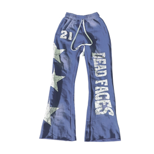 Pantalon de survêtement bleu évasé pour homme, imprimé étoiles et lettrage craquelé, style streetwear, joggers épais, vente en gros - Product Image 1