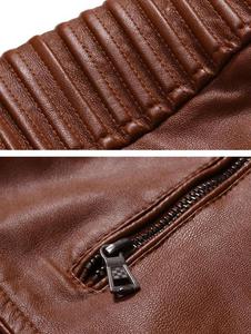 Blouson moto en cuir noir pour homme, col montant, fermeture éclair, coupe ajustée, couleur unie, manches classiques, idéal pour l'automne - Product Image 3