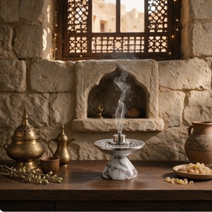 Natural White Veined <b>Marble</b> Incense Burner – Brushed Nickel Lattice <b>Mesh</b> Bakhoor Caddy - Product Image 2